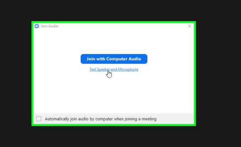 نافذة Join Audio في زووم: زر Join with Computer Audio ورابط Test Speaker and Microphone