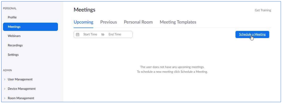 صفحة Meetings في زووم، وزر Schedule a Meeting في أعلى اليمين