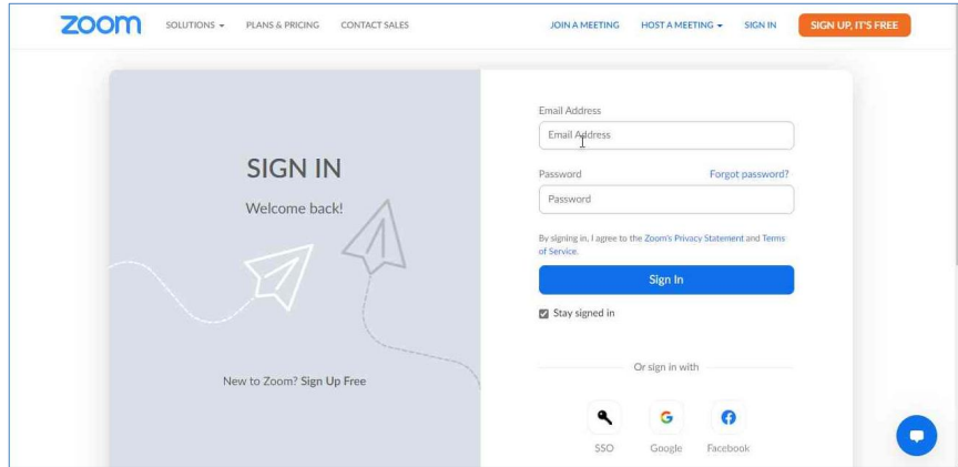صفحة تسجيل الدخول في زووم: حقلا البريد الإلكتروني وكلمة المرور وزر Sign In